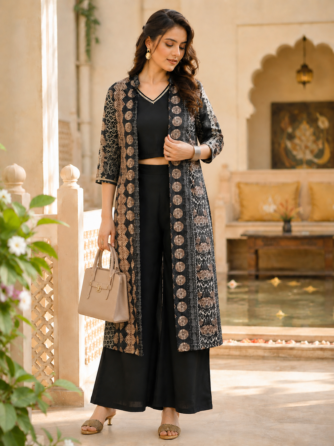 Black Printed 3-Piece Chanderi Silk Co-Ord Set for Women