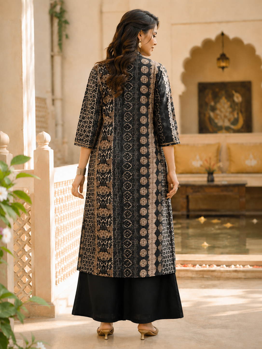 Black Printed 3-Piece Chanderi Silk Co-Ord Set for Women