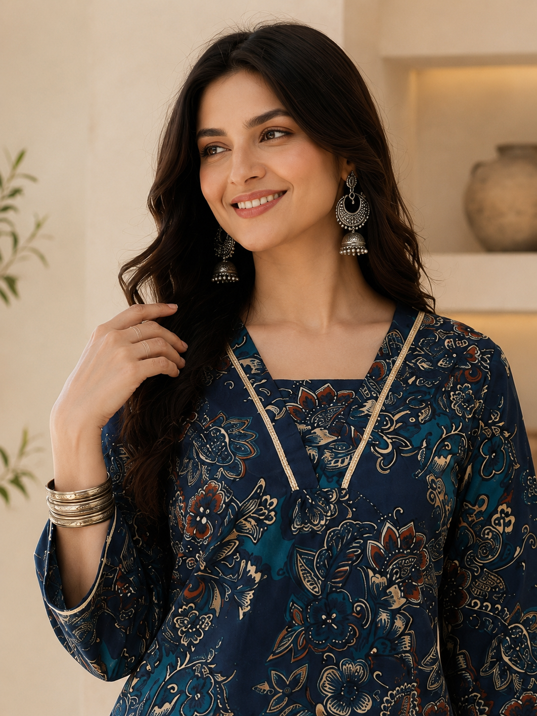 Teal Blue Abstract Printed Silk Co-Ord Set for Women