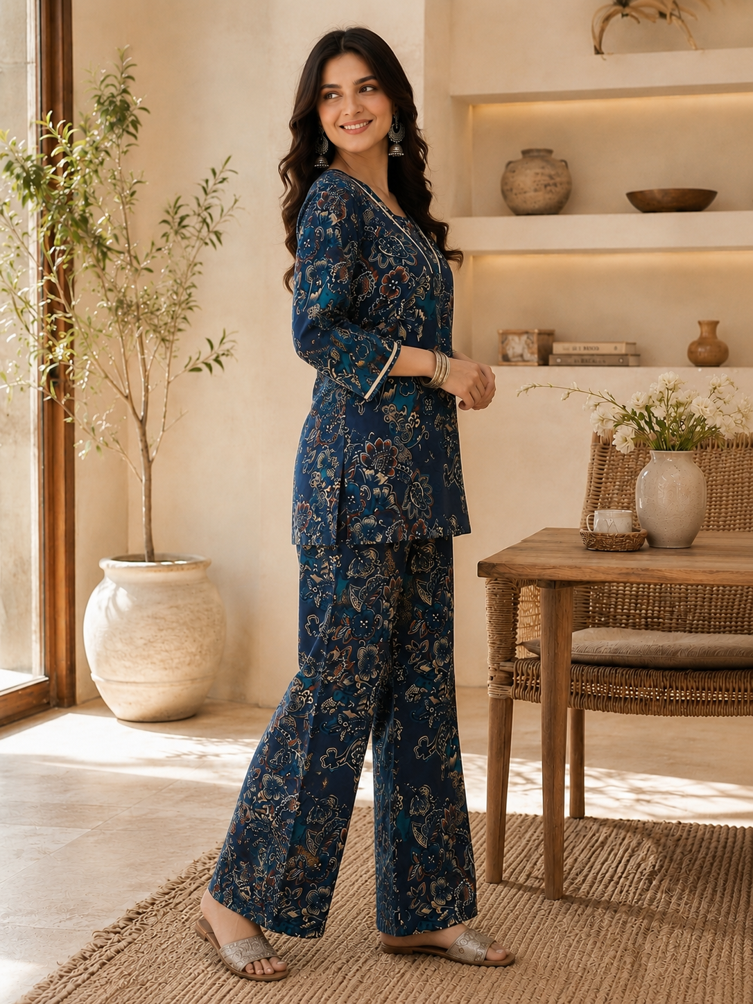 Teal Blue Abstract Printed Silk Co-Ord Set for Women