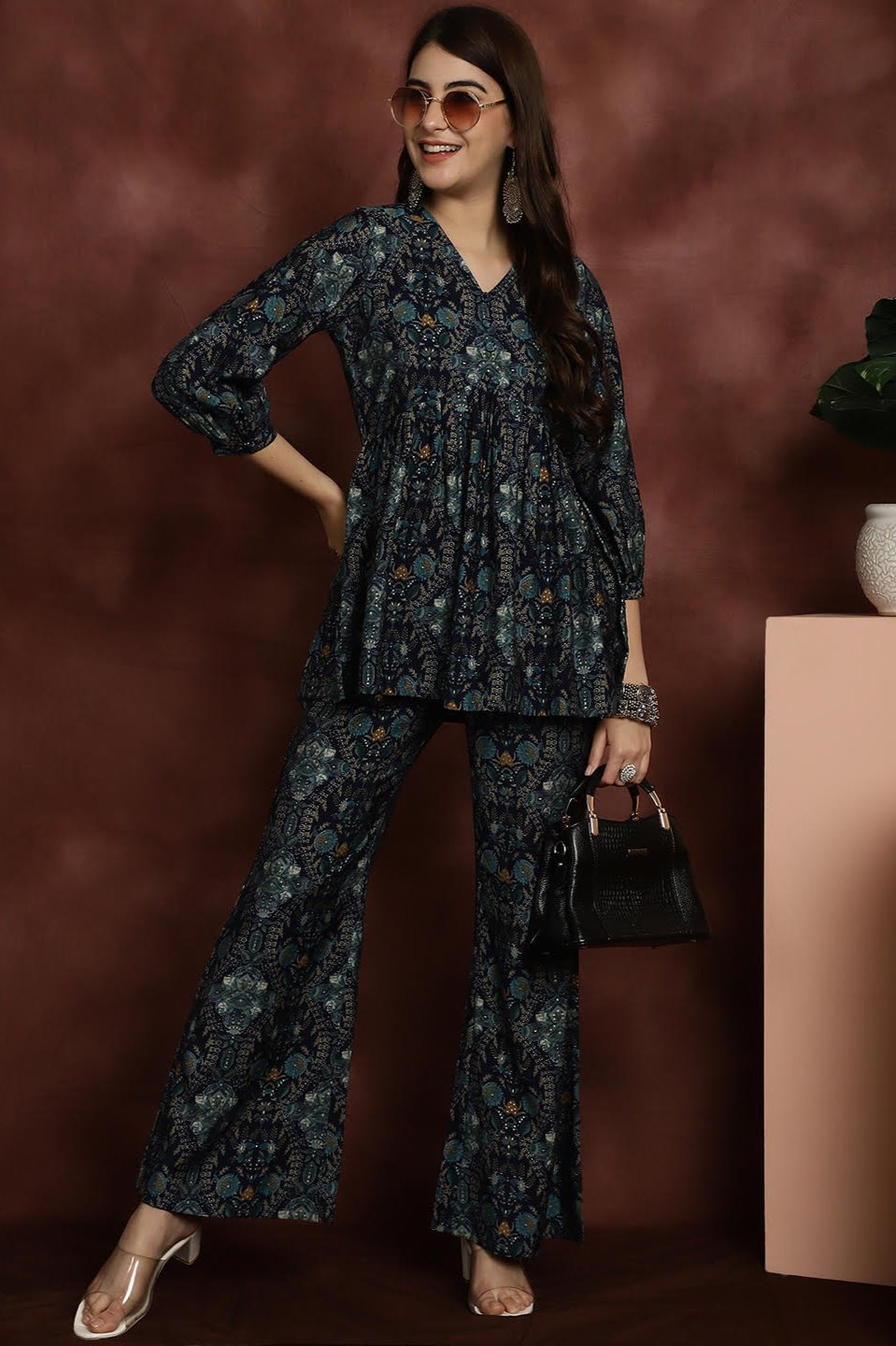 Blue Motif Printed Premium Chanderi Tunic With Palazzo Co-ord Set