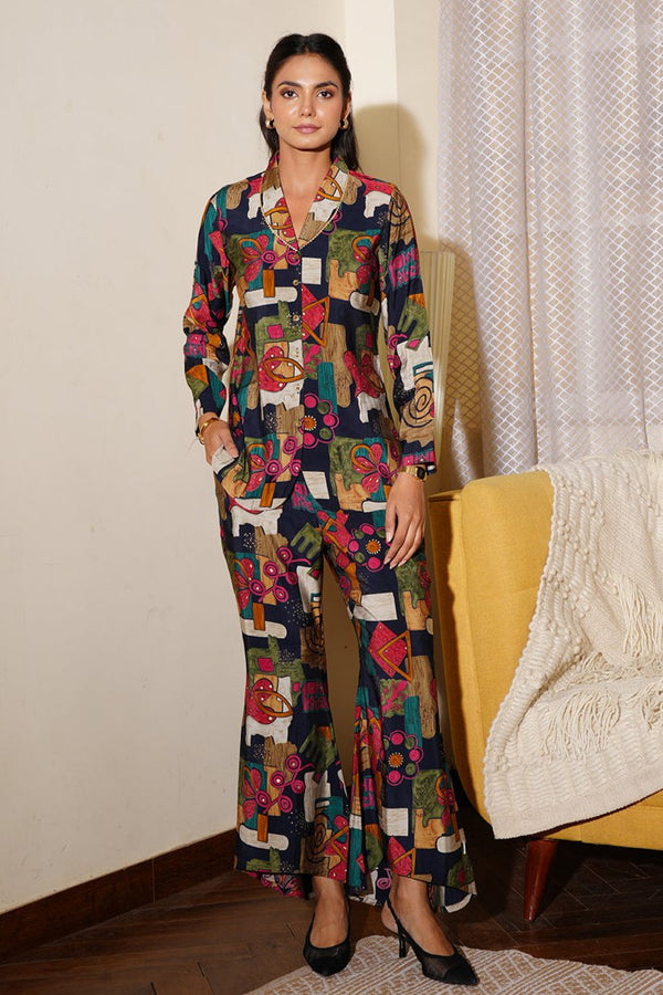 Black Abstract Chanderi Silk Shirt & Trouser Co-Ord Set