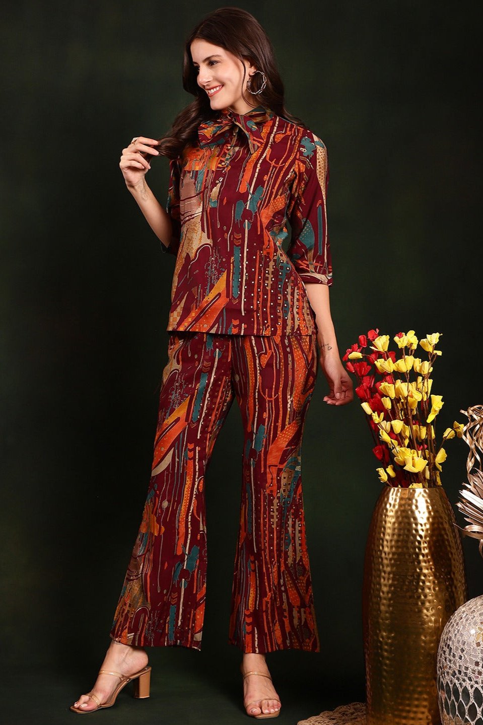 Purple Color Abstract Printed Chanderi Silk Tunic & Trousers Co-Ords Set