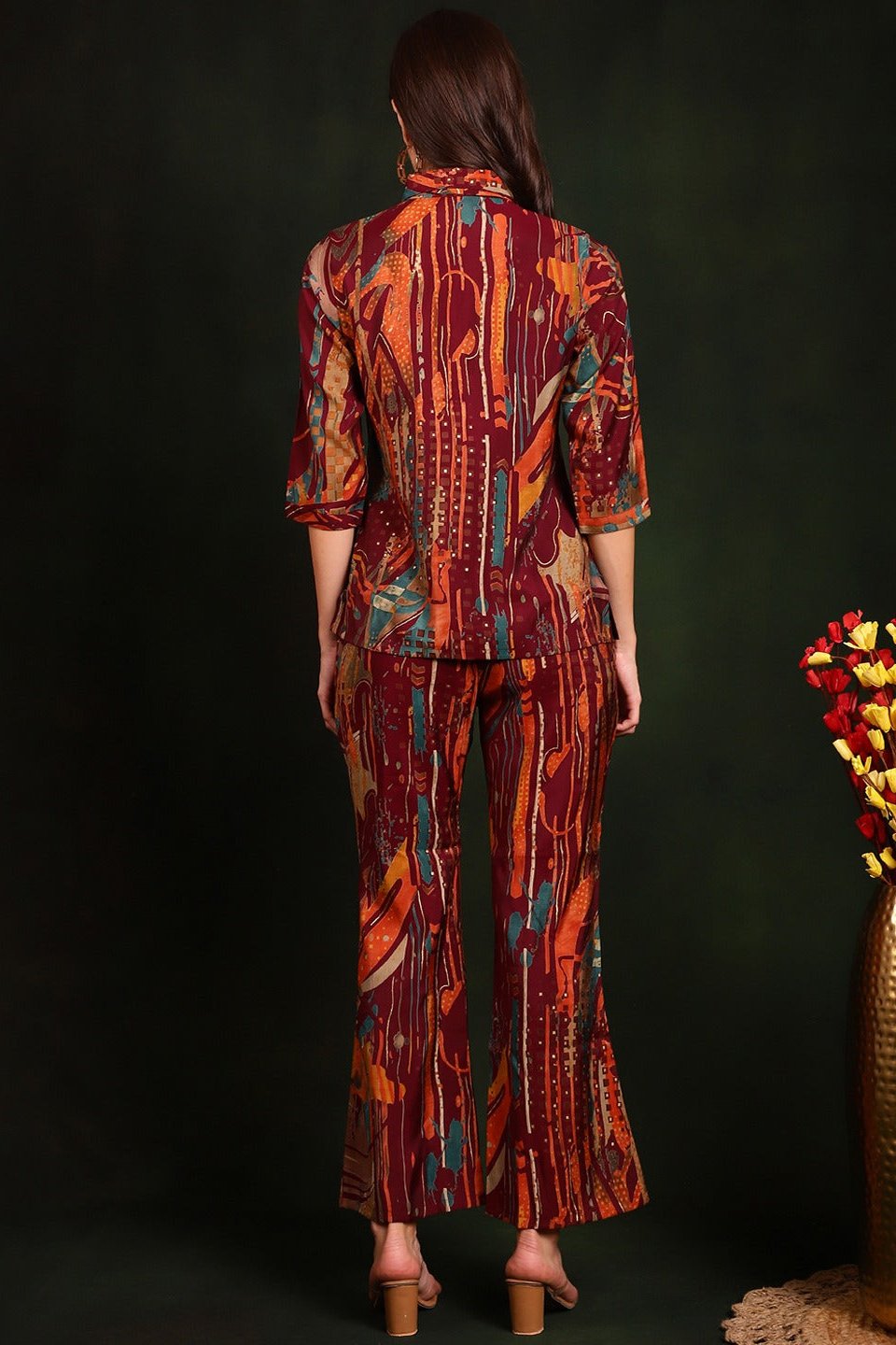 Purple Color Abstract Printed Chanderi Silk Tunic & Trousers Co-Ords Set