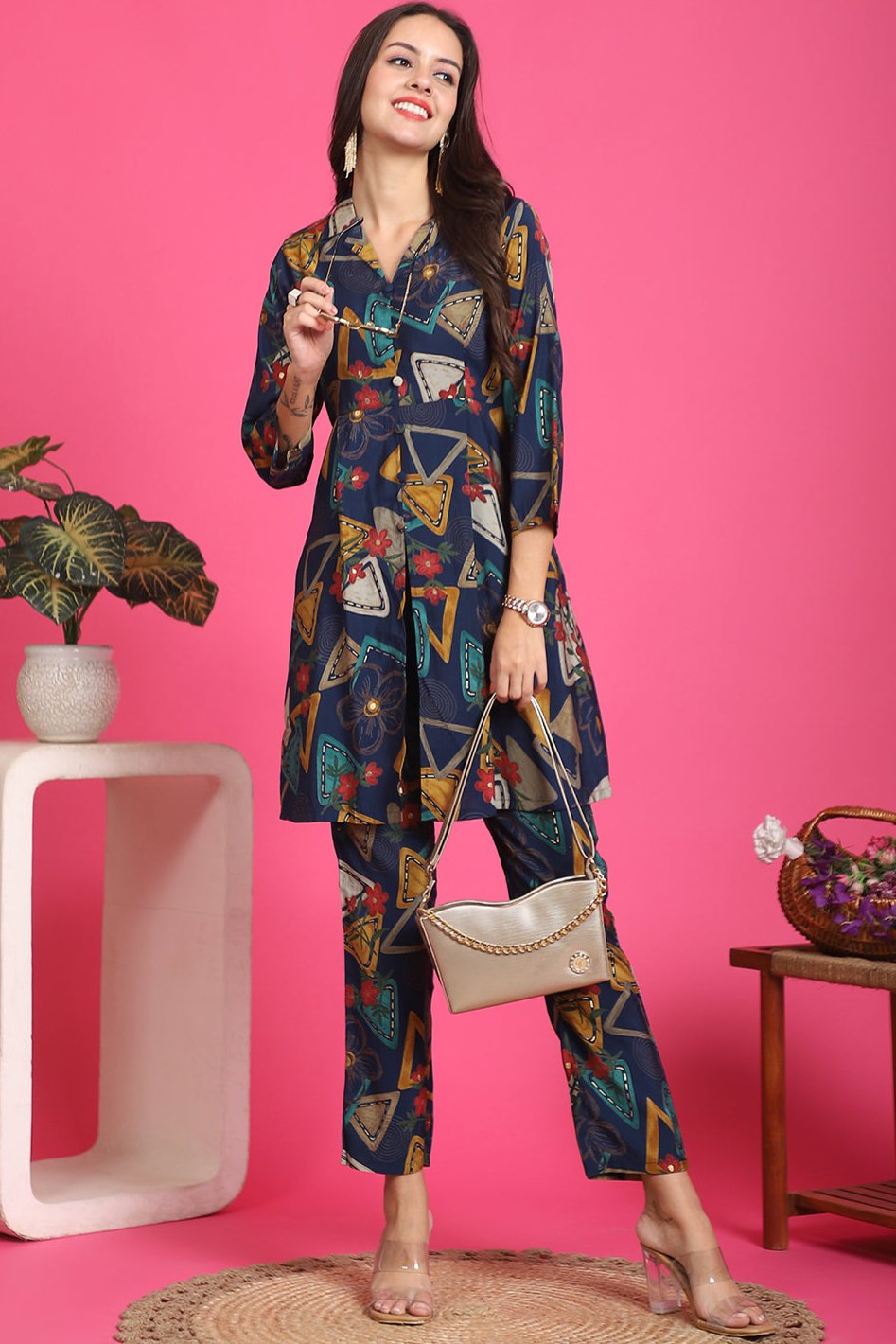 Blue Color Floral Printed Chanderi Premium Co-ord Set