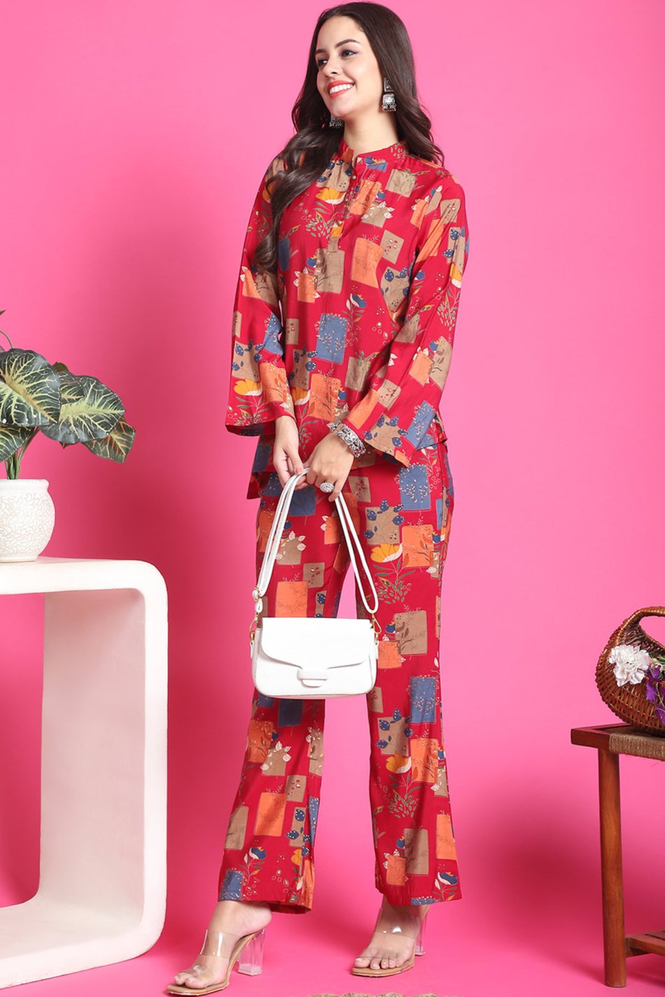 Magenta Color Abstract Printed Chanderi silk Co-ord Set