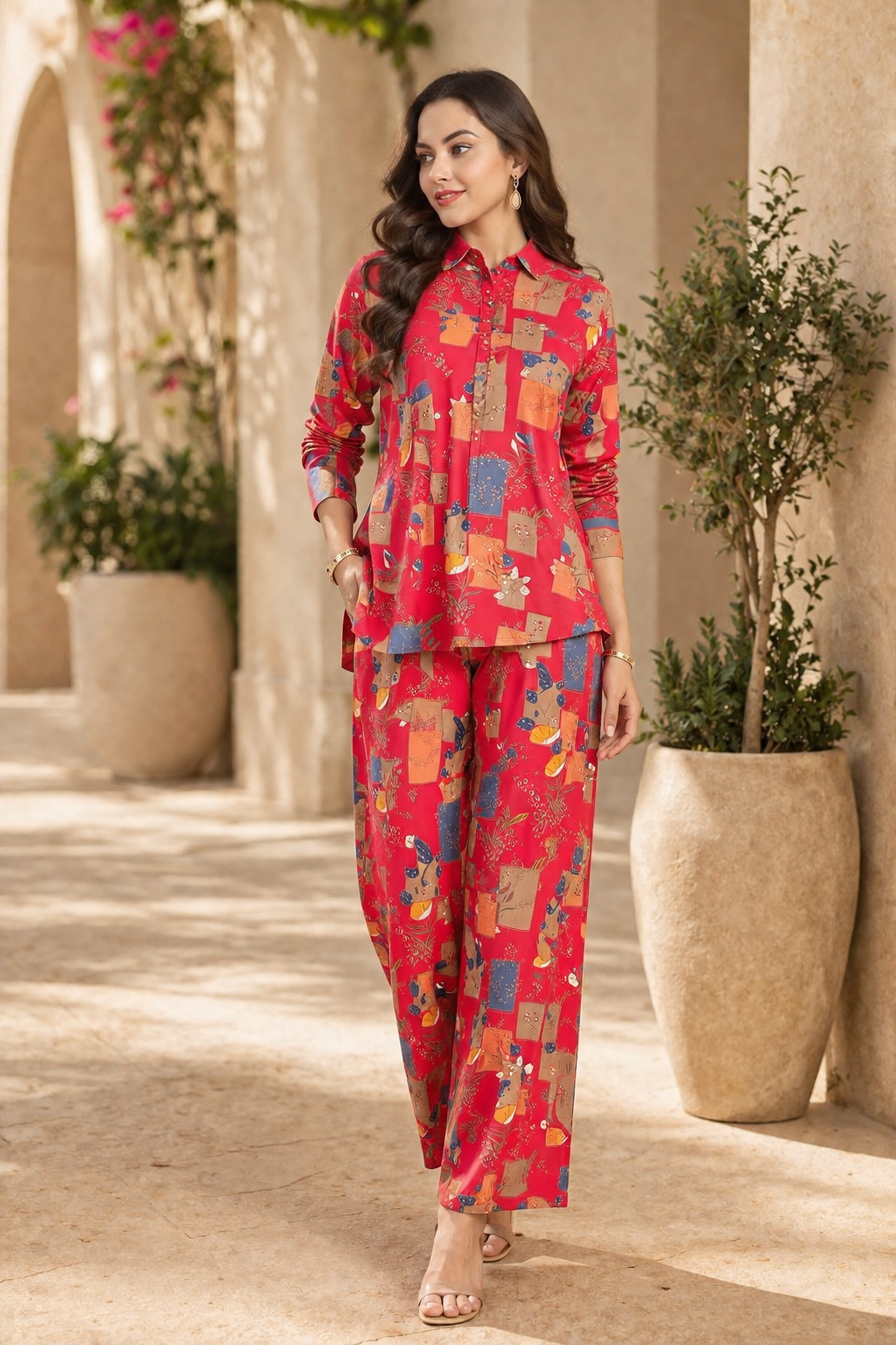 Magenta Abstract Printed Chanderi Silk Co-Ord Set for Women