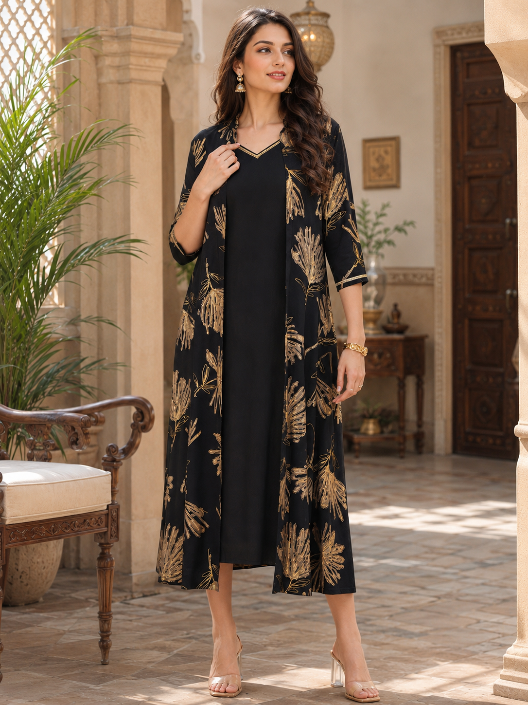 Black Chanderi Silk Floral Printed Dress for Women | Claura