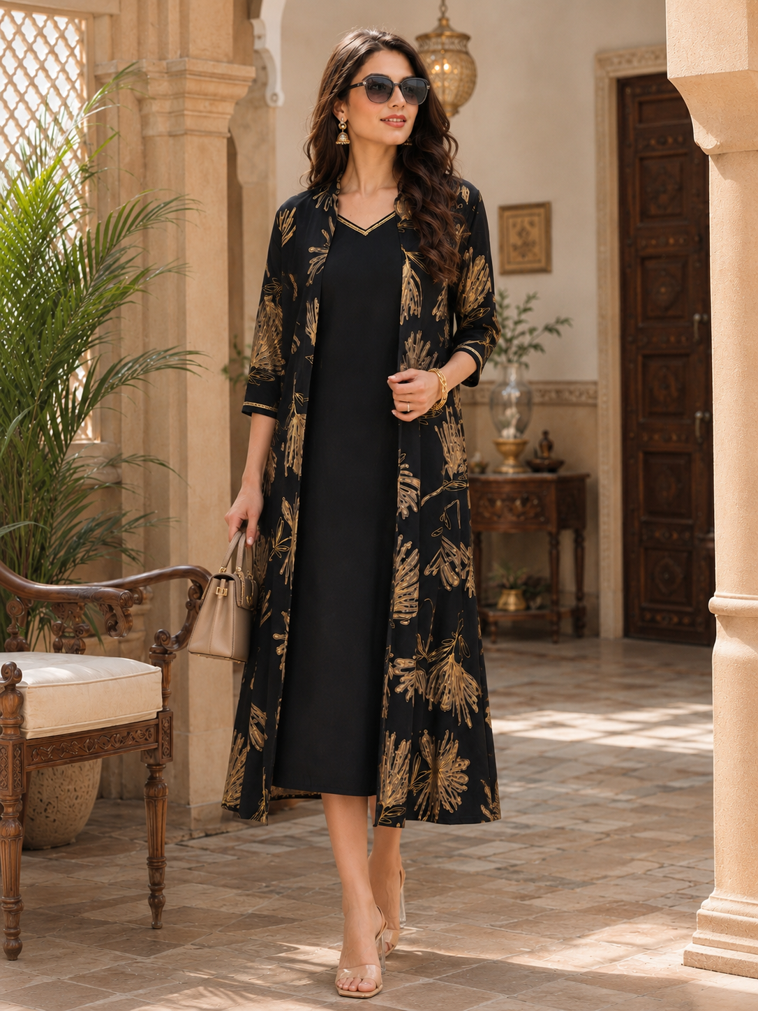 Black Chanderi Silk Floral Printed Dress for Women | Claura