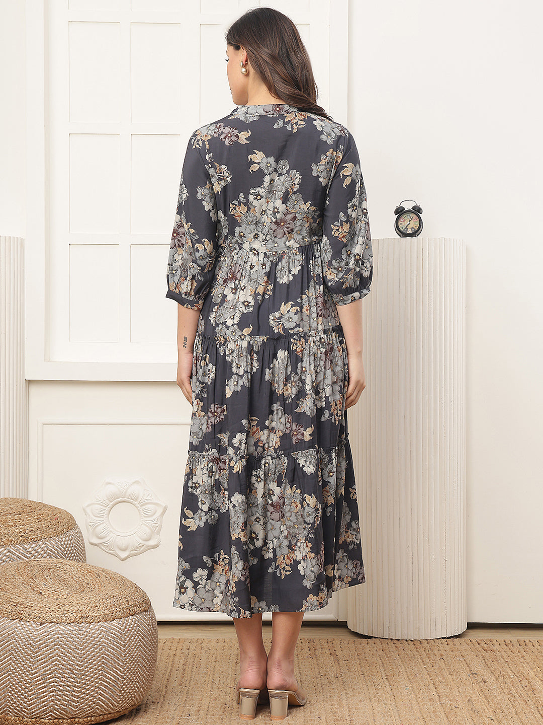 Grey Floral Printed Chanderi Silk Dress for Women | Claura