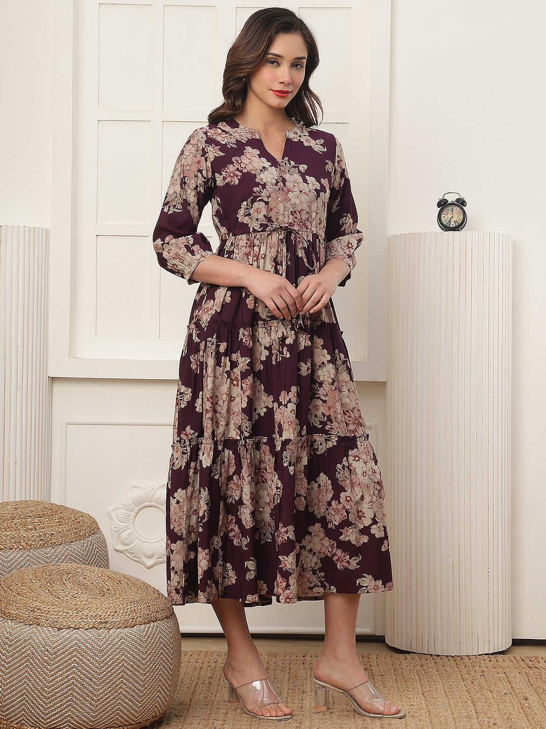 Purple Floral Printed Chanderi Silk Dress for Women | Claura