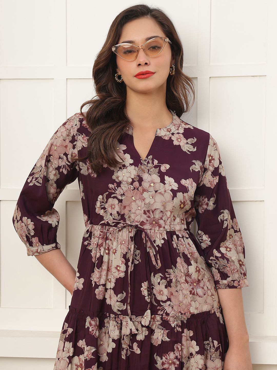 Purple Floral Printed Chanderi Silk Dress for Women | Claura