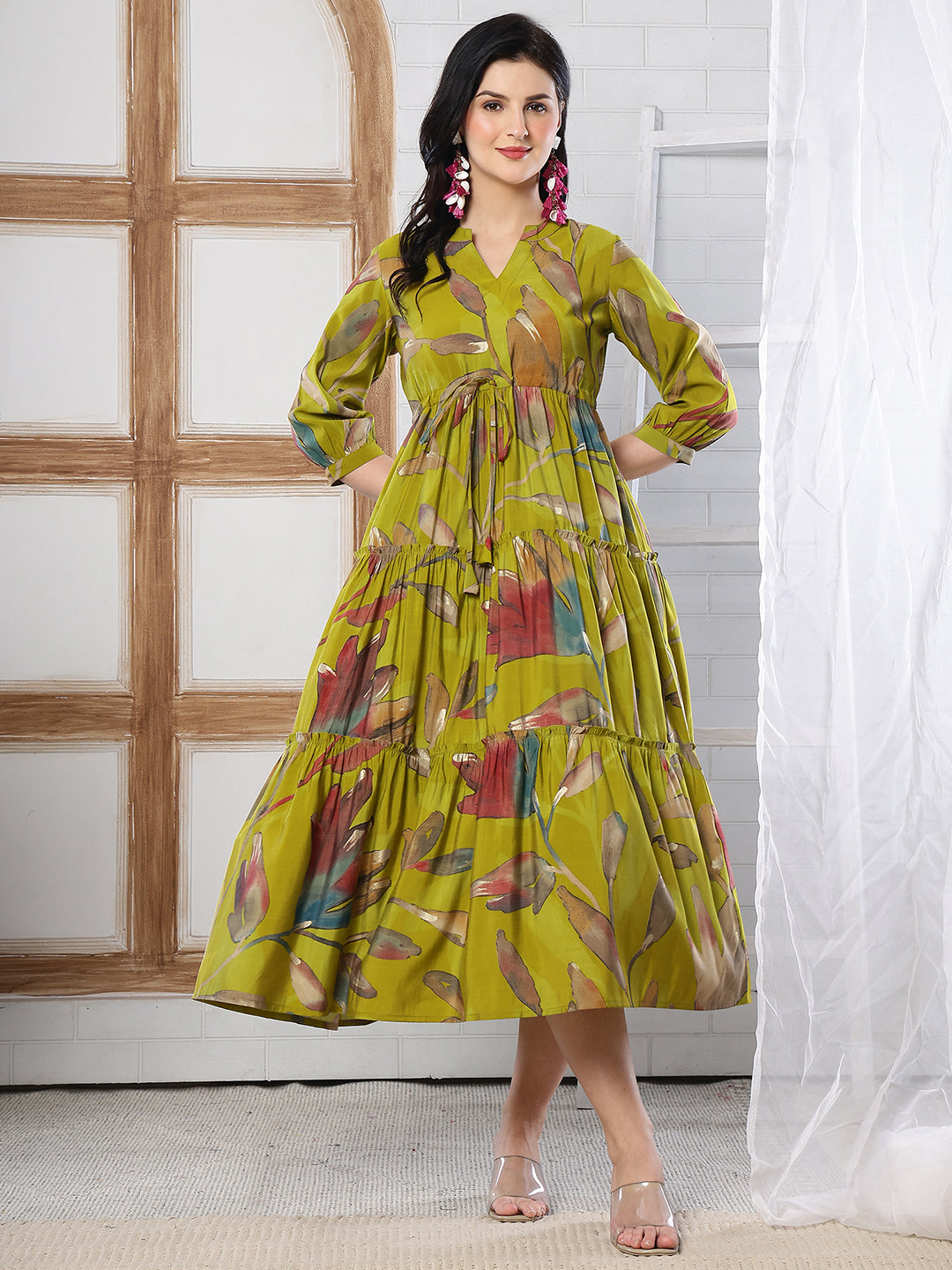 Mustard Yellow Floral Print Fit & Flare dress for Women | Claura Mustard Yellow Floral Print Fit & Flare dress for Women | Claura