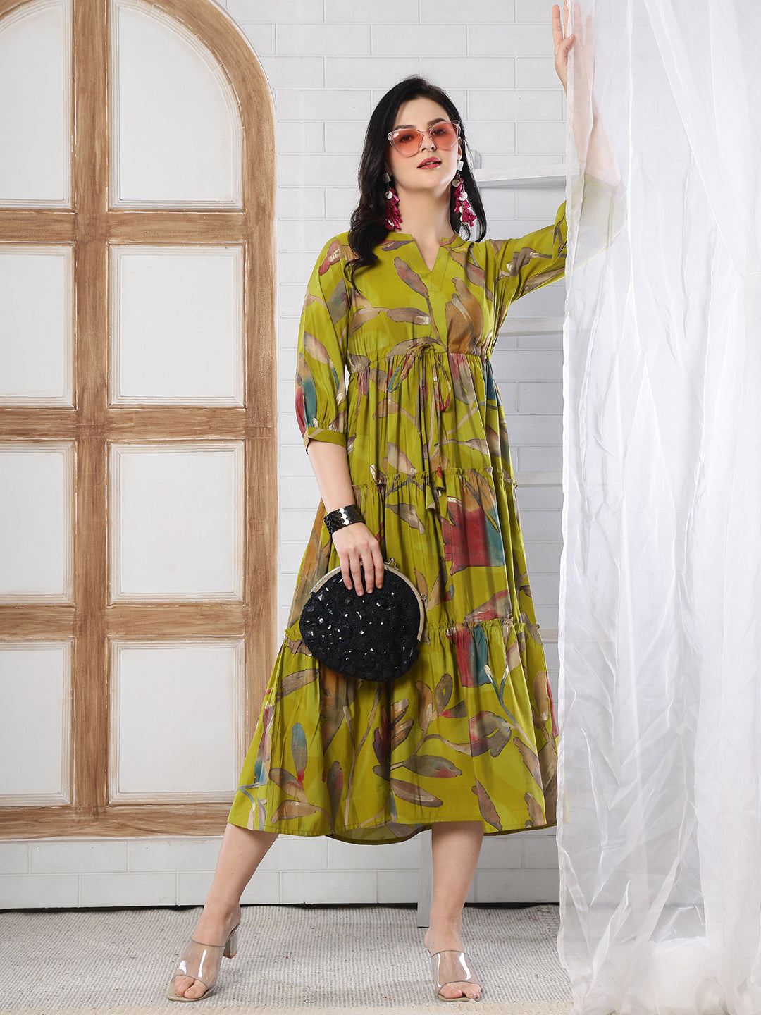 Mustard Yellow Floral Print Fit & Flare dress for Women | Claura Mustard Yellow Floral Print Fit & Flare dress for Women | Claura