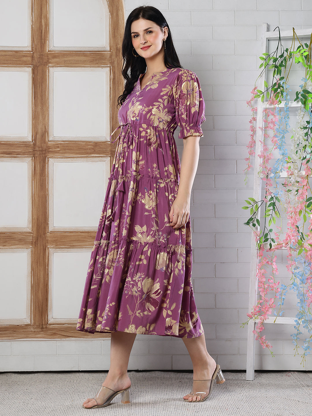 Mauve Floral Printed Chanderi Silk Dress for Women | Claura
