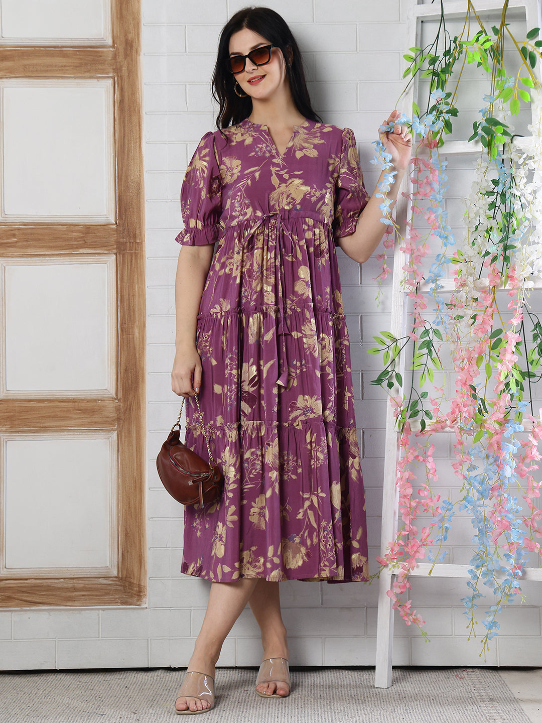 Mauve Floral Printed Chanderi Silk Dress for Women | Claura