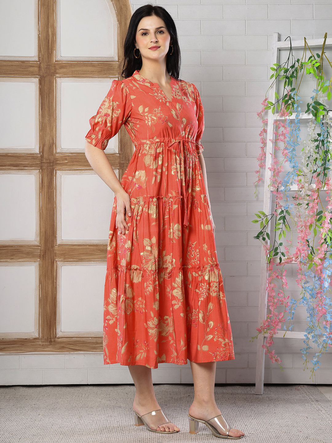 Orange Floral Printed Chanderi Silk Dress for Women | Claura
