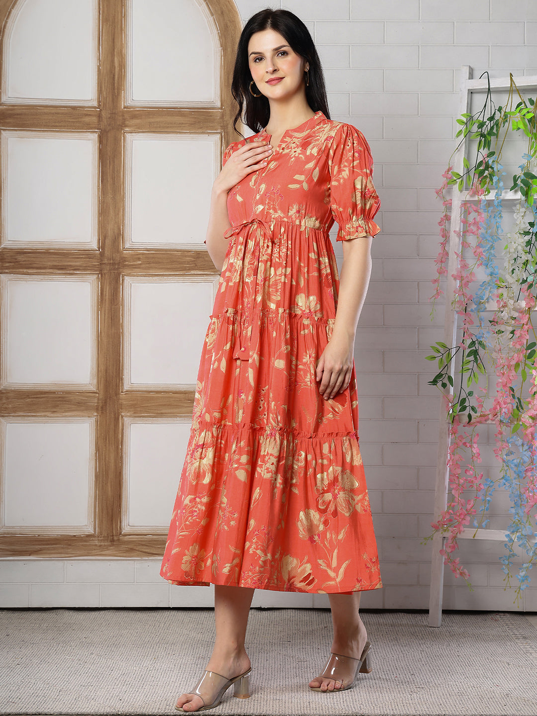 Orange Floral Printed Chanderi Silk Dress for Women | Claura