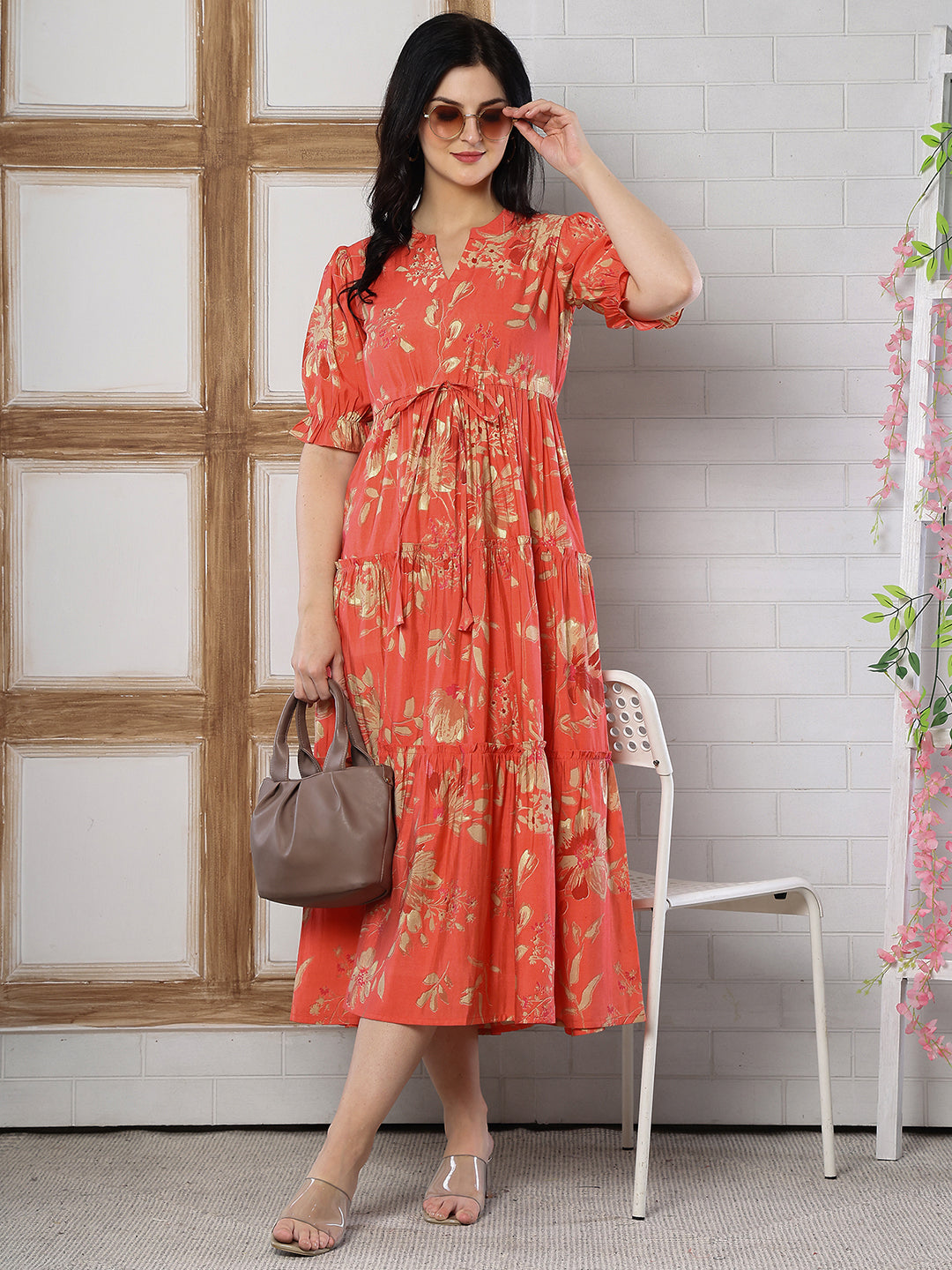 Orange Floral Printed Chanderi Silk Dress for Women | Claura