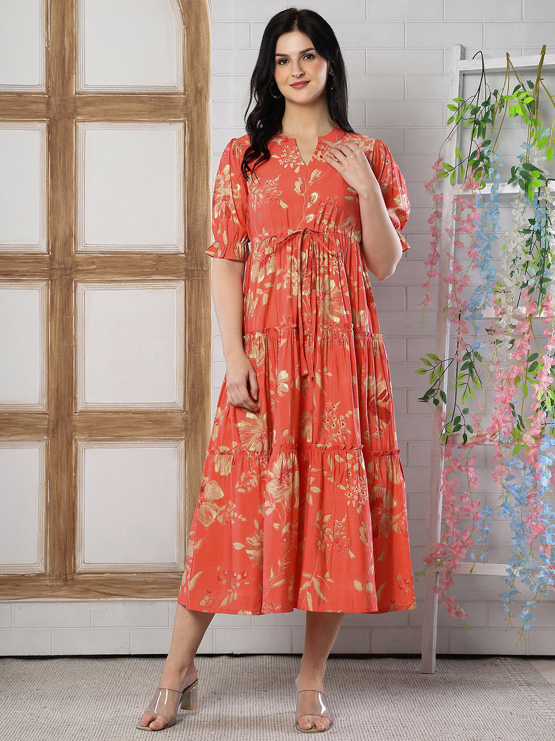 Orange Floral Printed Chanderi Silk Dress for Women | Claura