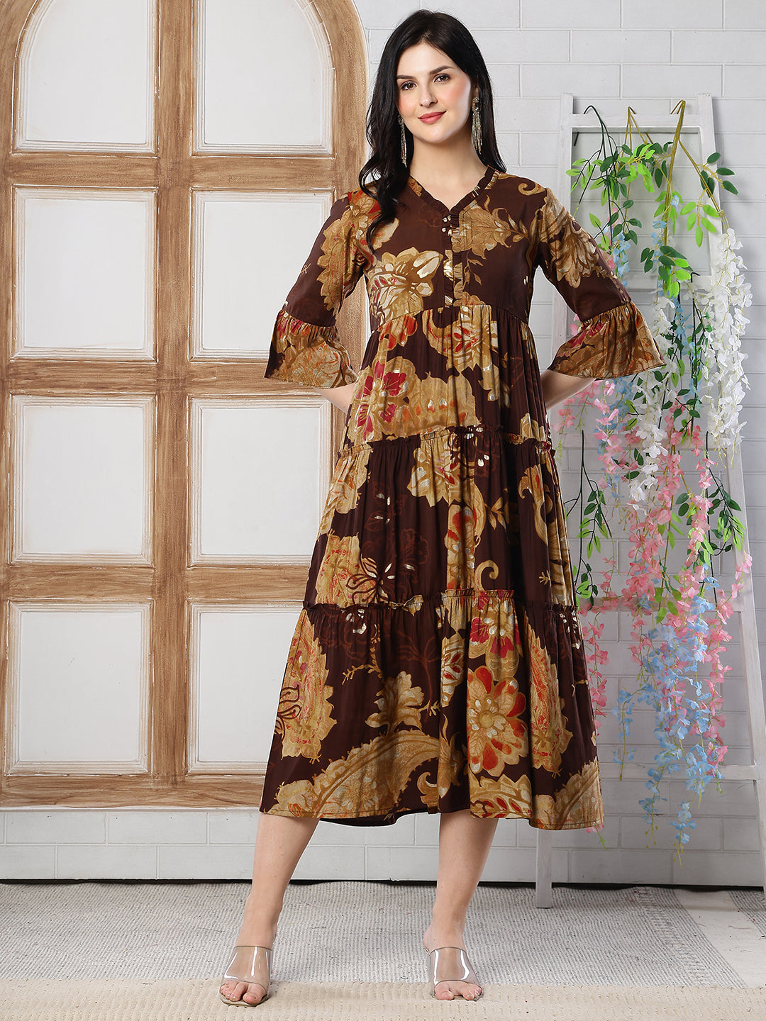 Brown Floral Printed Chanderi Silk Dress for Women | Claura