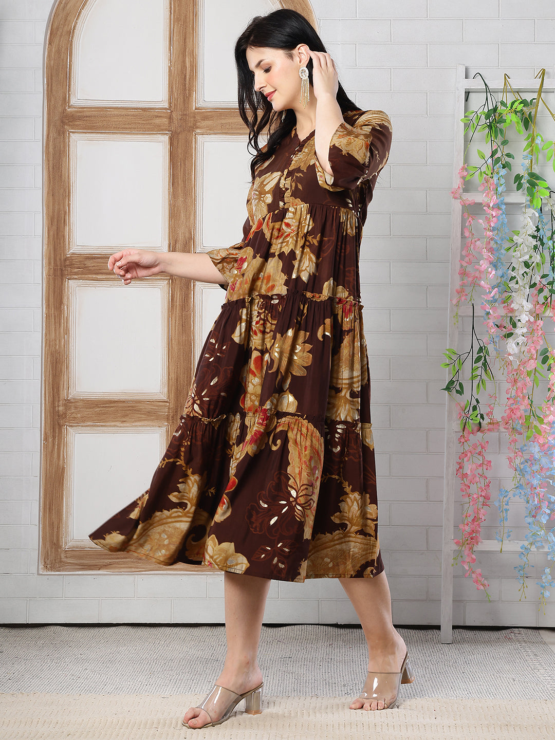 Brown Floral Printed Chanderi Silk Dress for Women | Claura