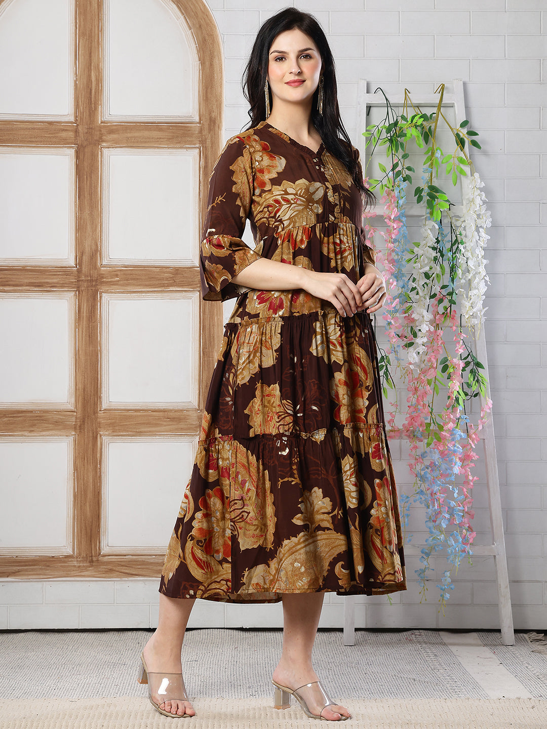 Brown Floral Printed Chanderi Silk Dress for Women | Claura