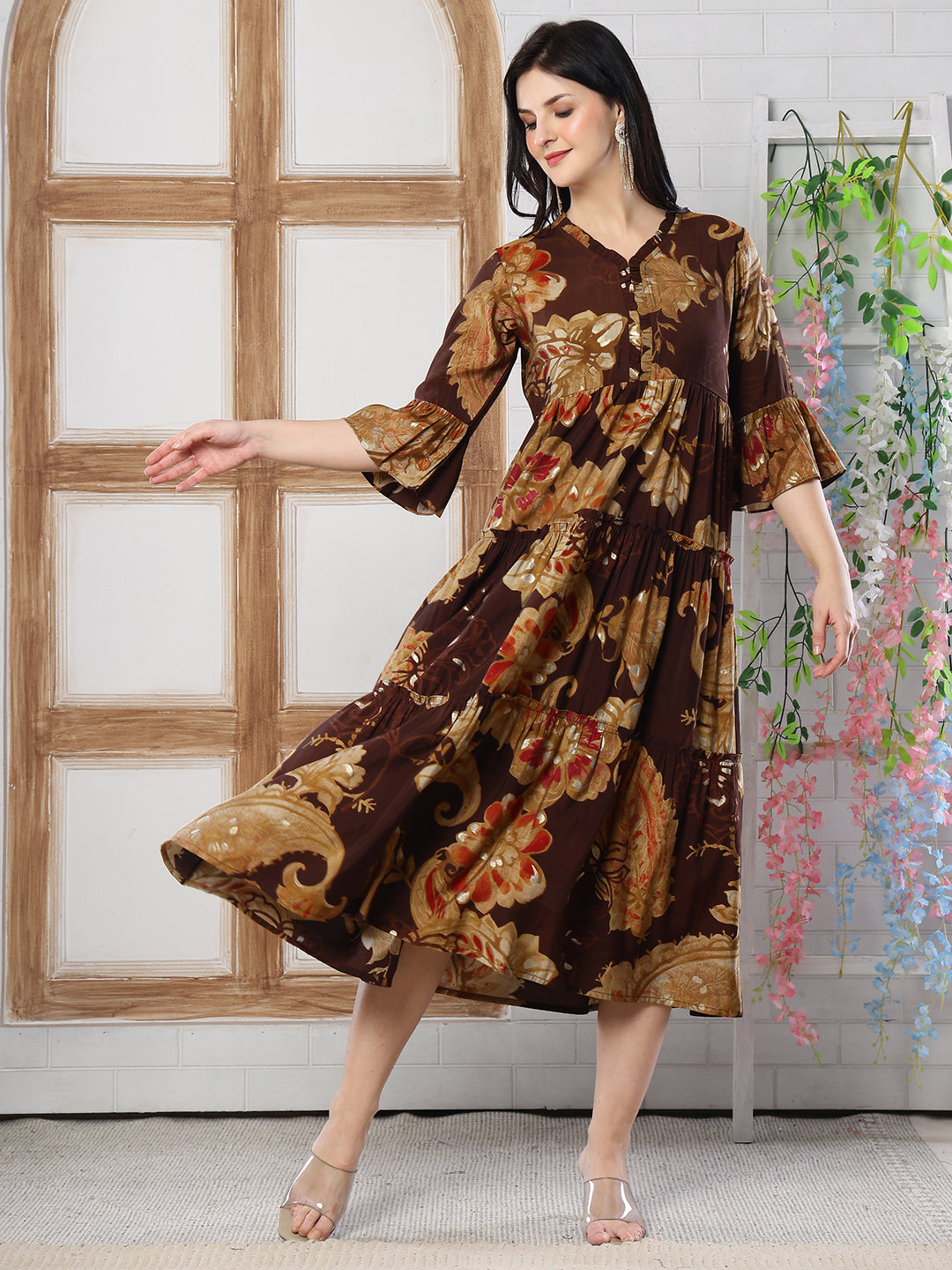 Brown Floral Printed Chanderi Silk Dress for Women | Claura