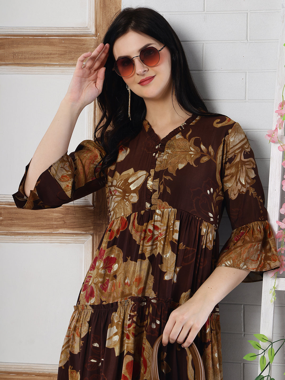 Brown Floral Printed Chanderi Silk Dress for Women | Claura