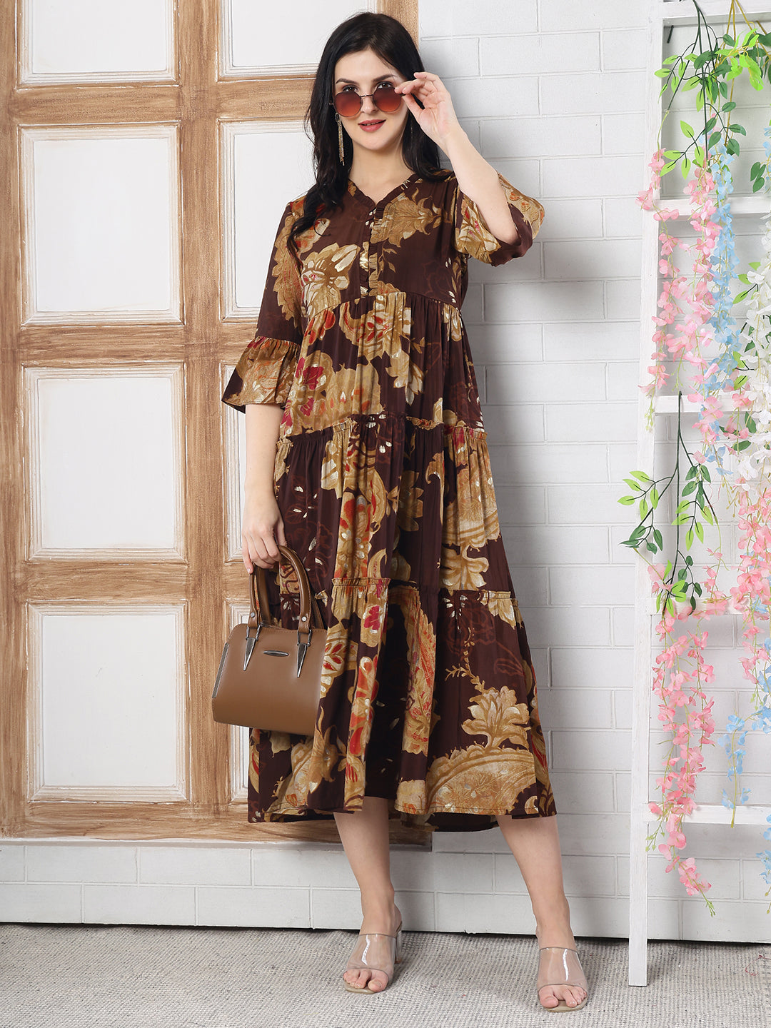 Brown Floral Printed Chanderi Silk Dress for Women | Claura