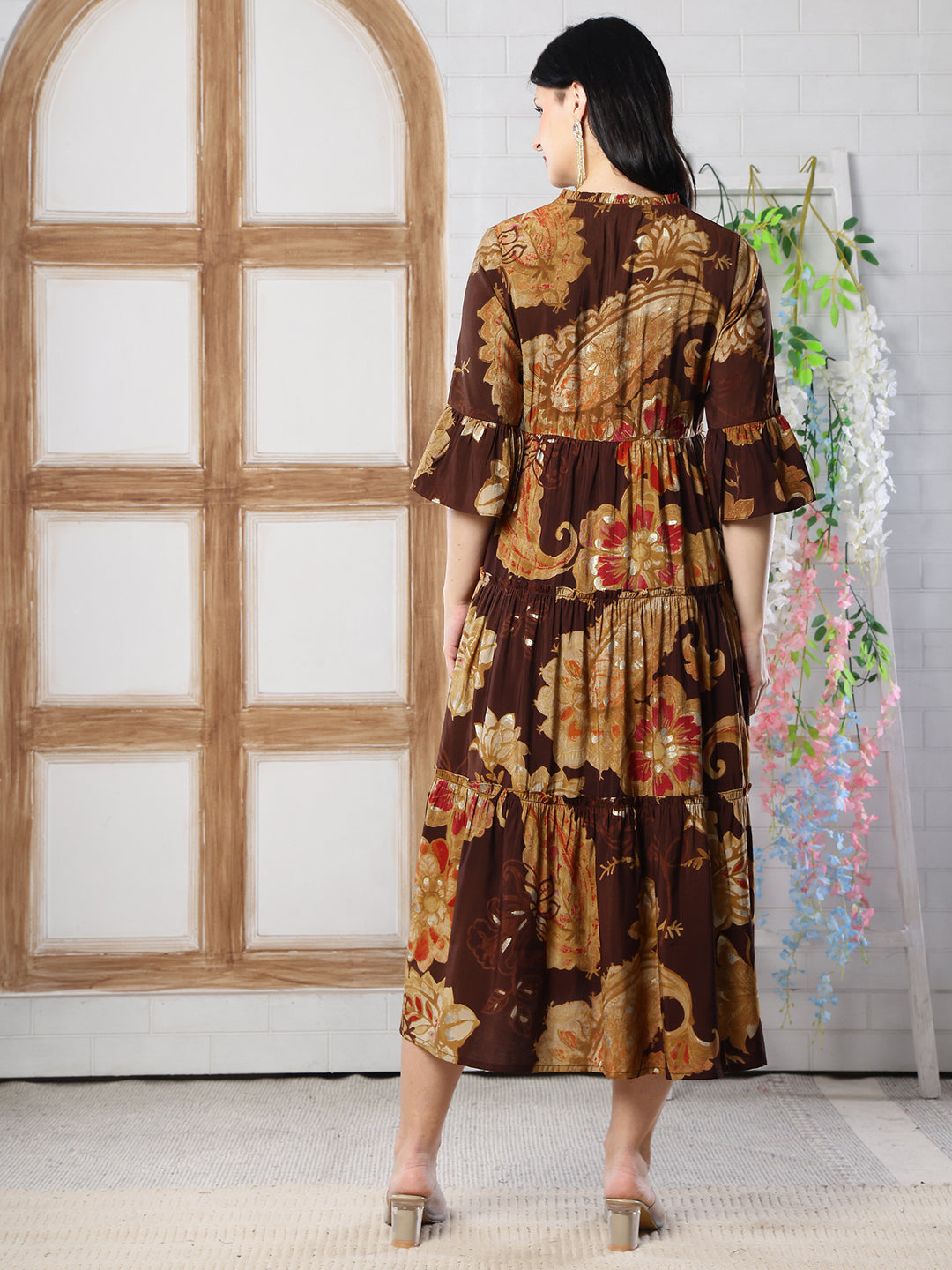 Brown Floral Printed Chanderi Silk Dress for Women | Claura