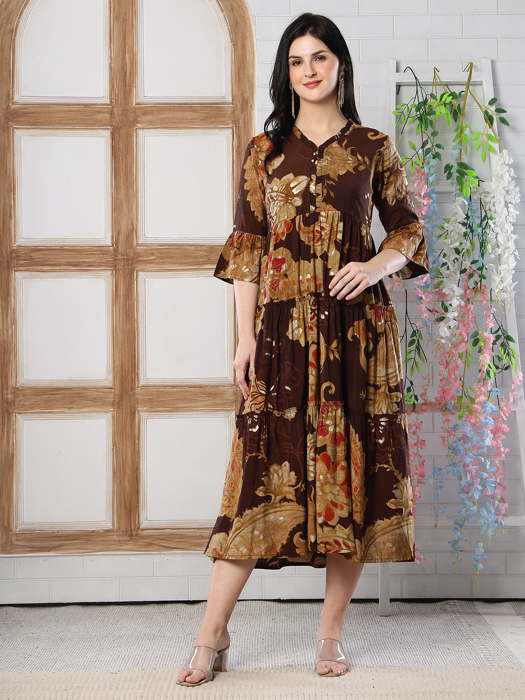 Brown Floral Printed Chanderi Silk Dress for Women | Claura