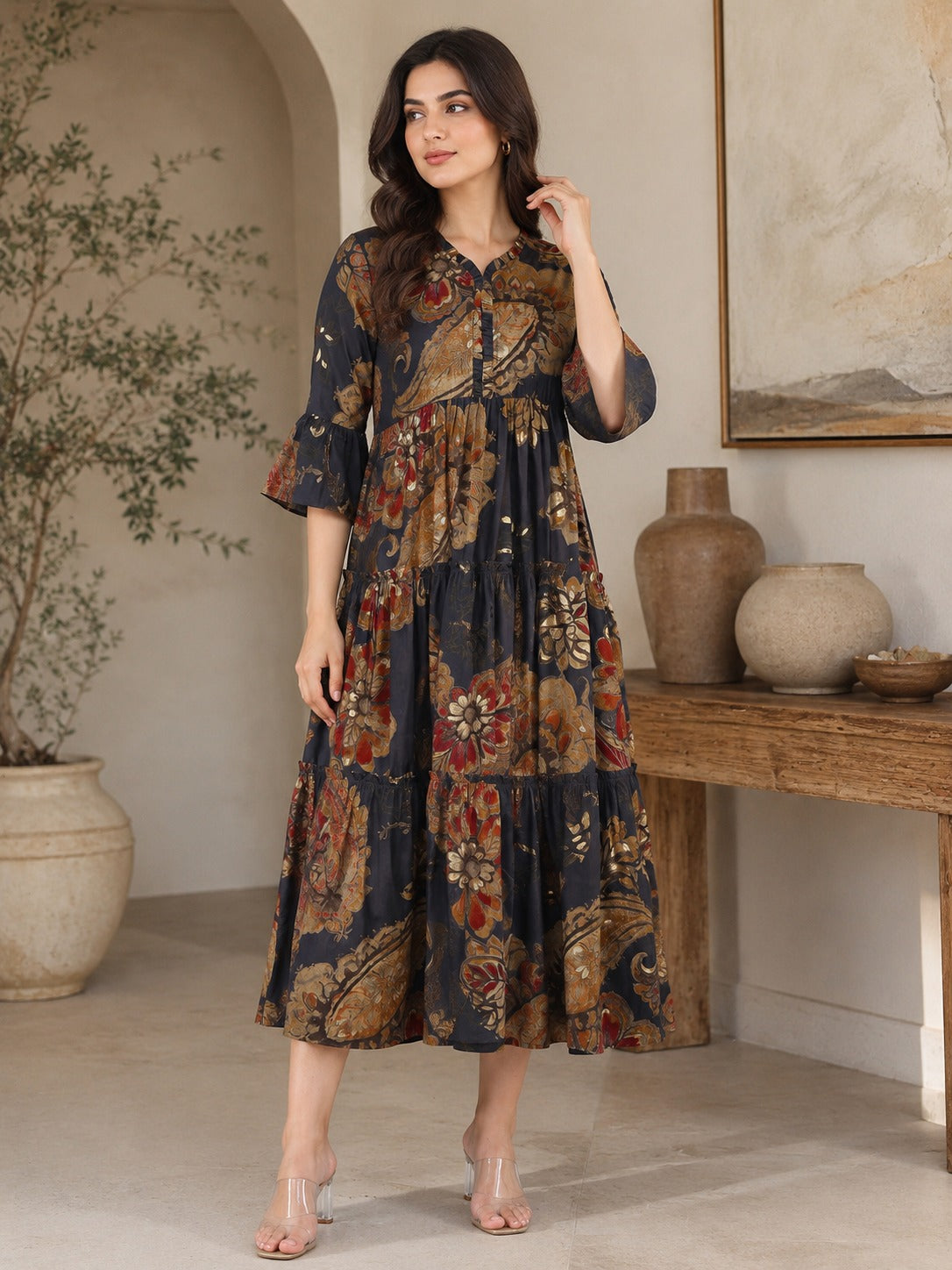 Grey Floral Printed Chanderi Silk Dress for Women | Claura