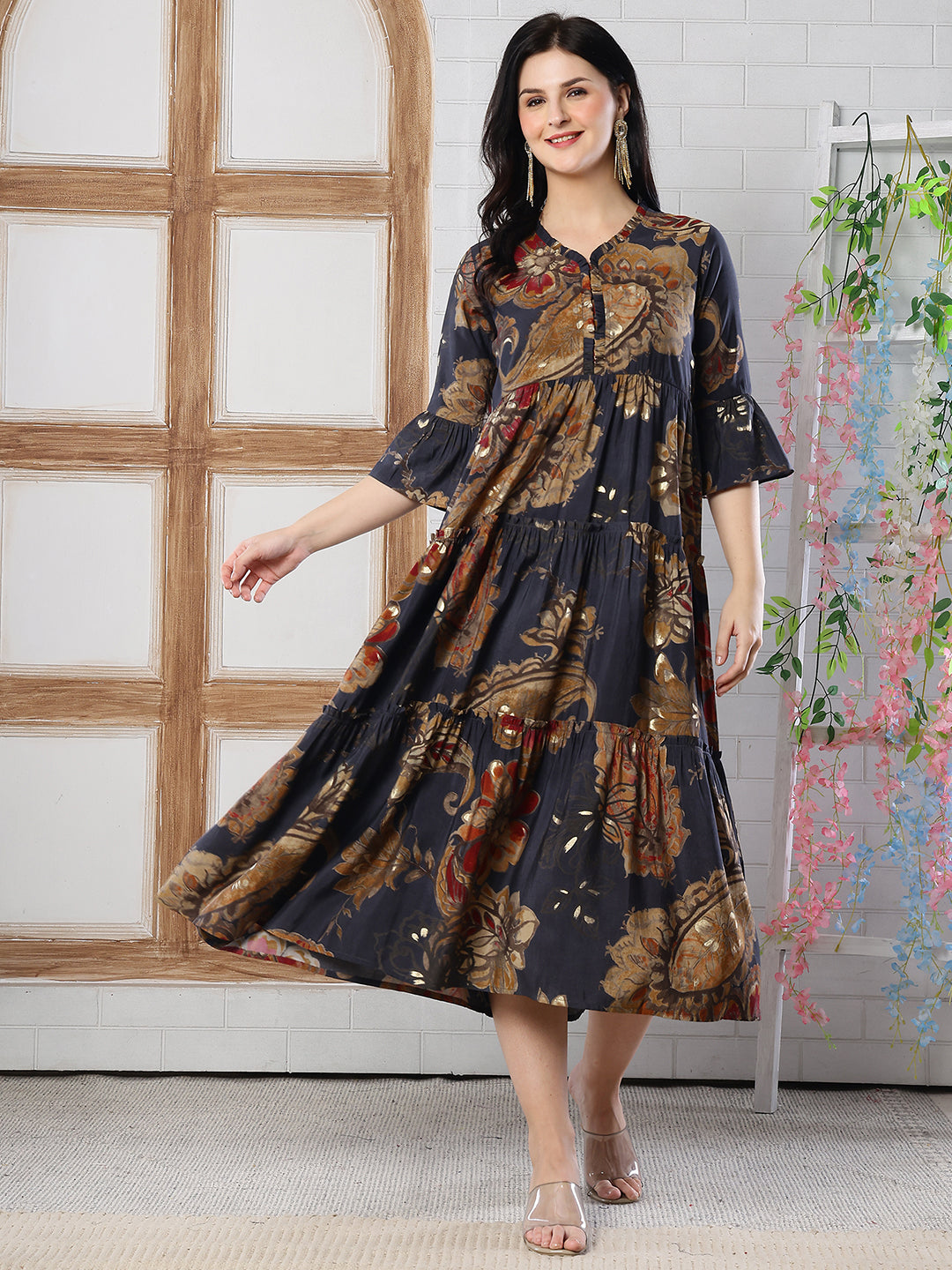 Grey Floral Printed Chanderi Silk Dress for Women | Claura