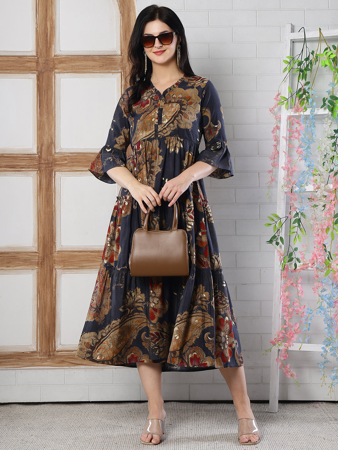 Grey Floral Printed Chanderi Silk Dress for Women | Claura