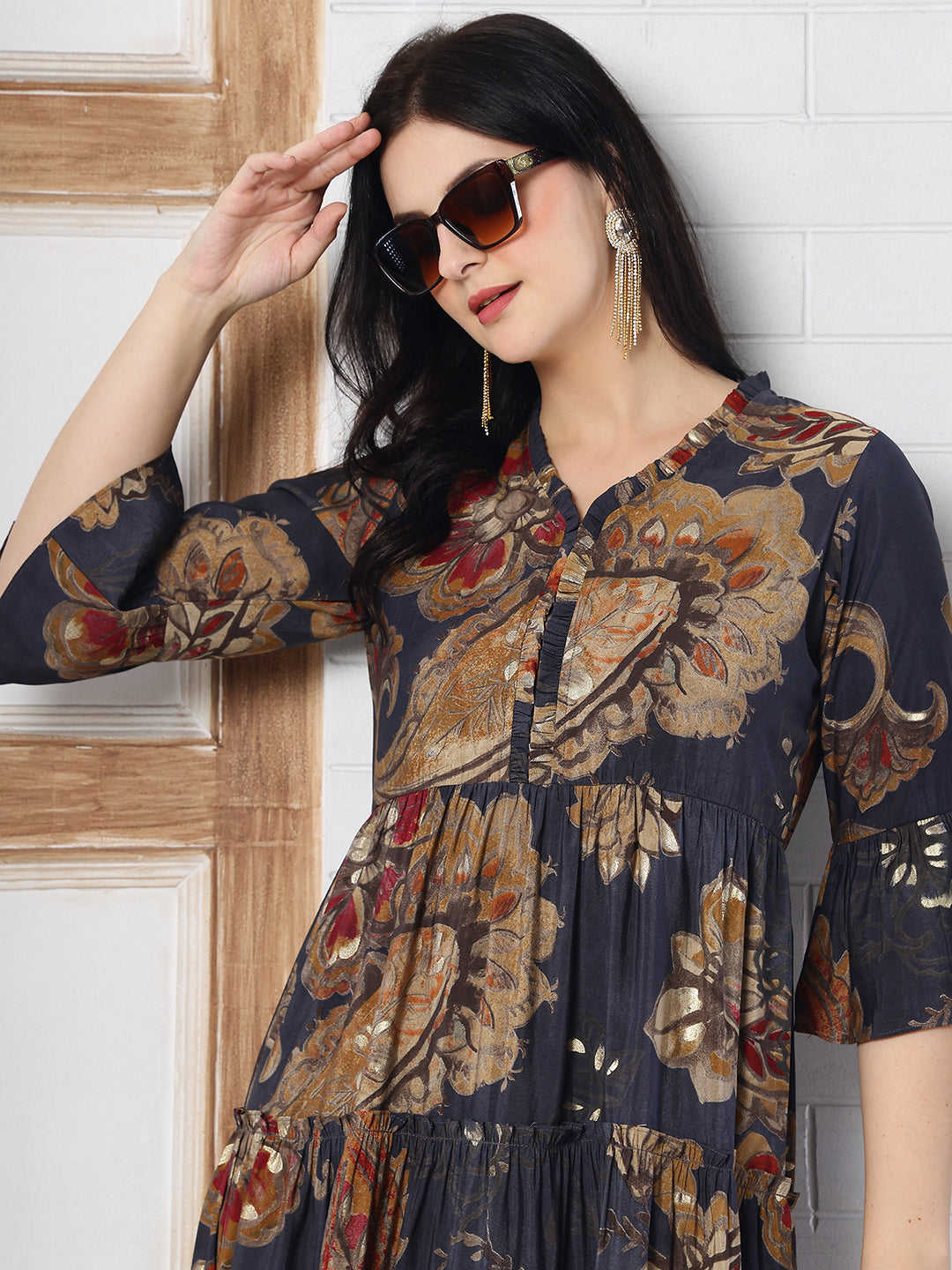 Grey Floral Printed Chanderi Silk Dress for Women | Claura