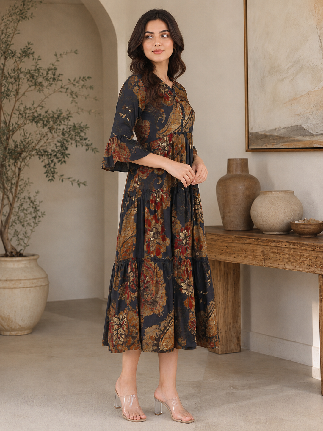 Grey Floral Printed Chanderi Silk Dress for Women | Claura
