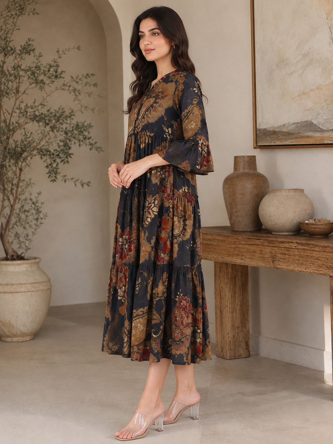 Grey Floral Printed Chanderi Silk Dress for Women | Claura