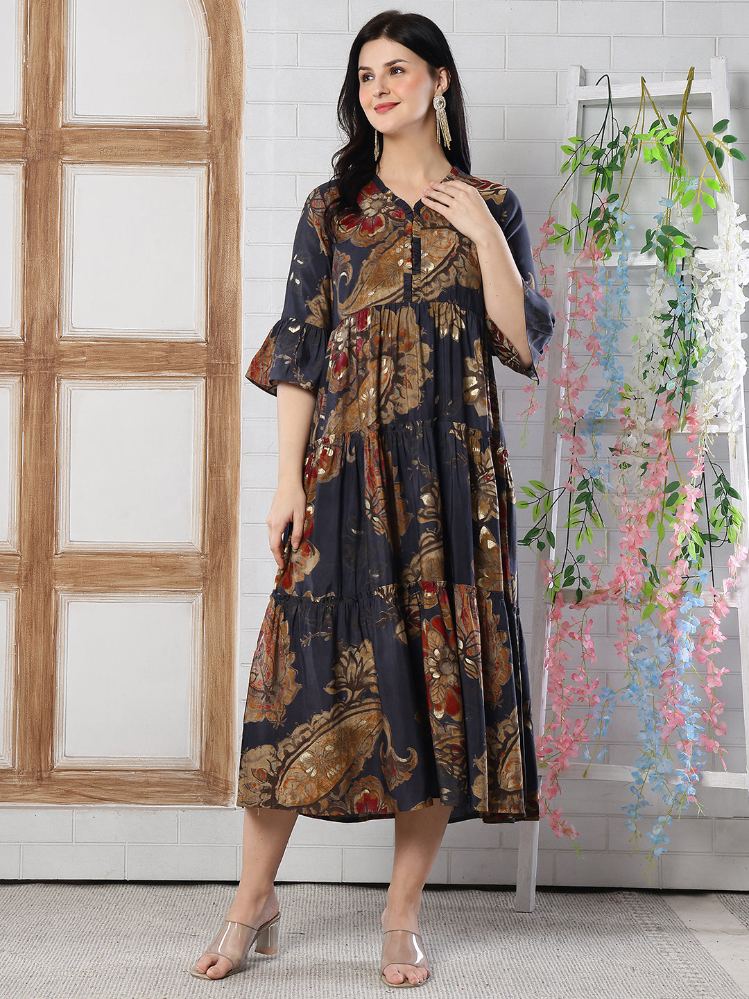 Grey Floral Printed Chanderi Silk Dress for Women | Claura
