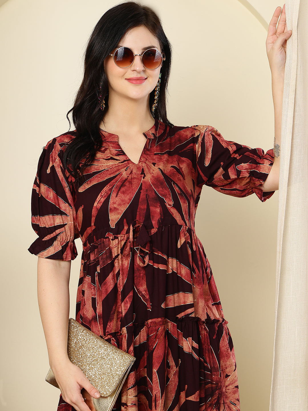 Purple Floral Printed Premium Chanderi Dress for Women | Claura