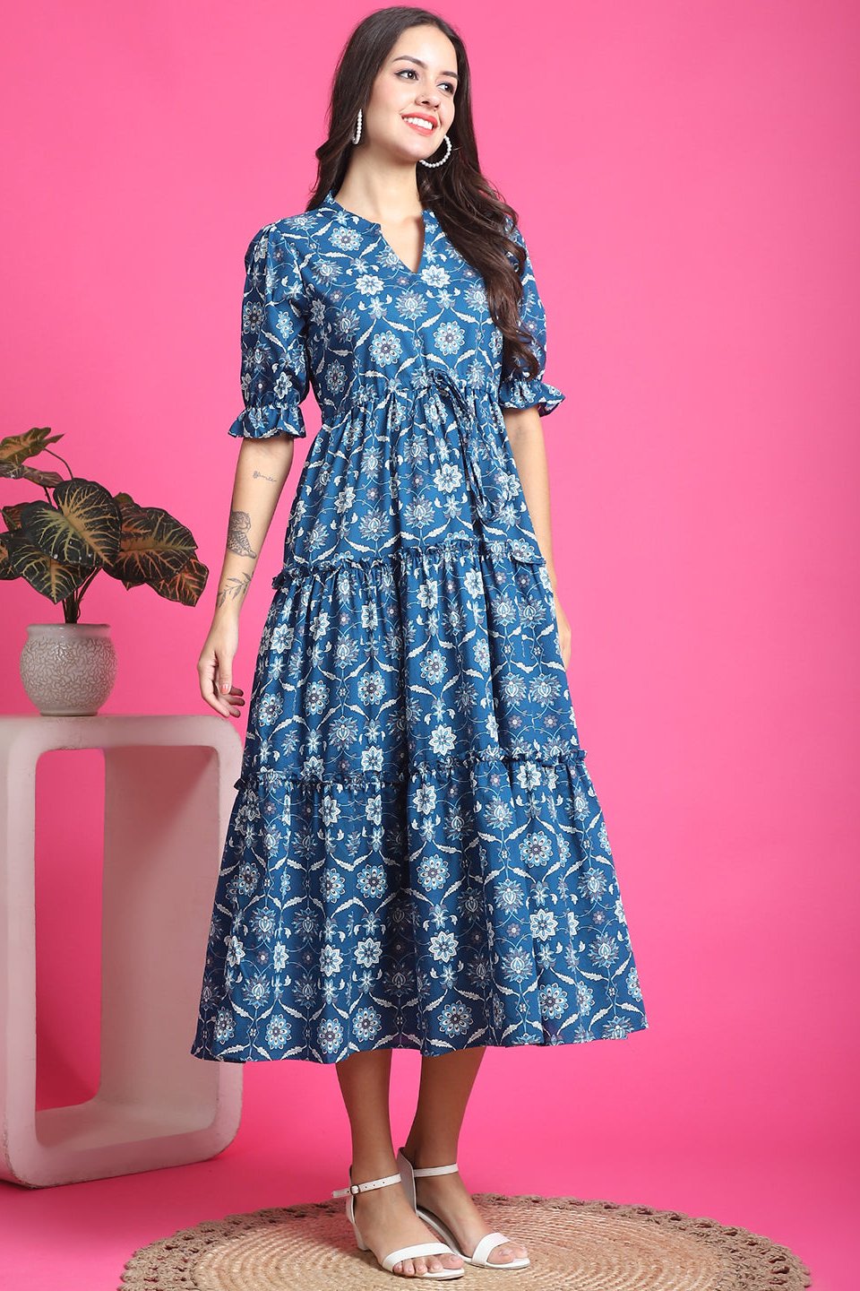 Blue Color Floral Printed Cotton Dress For Women