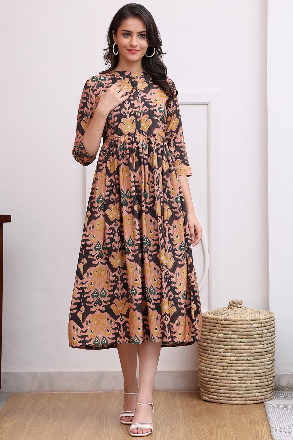 Peach Color Abstract Printed Premium Chanderi Ethnic Dress