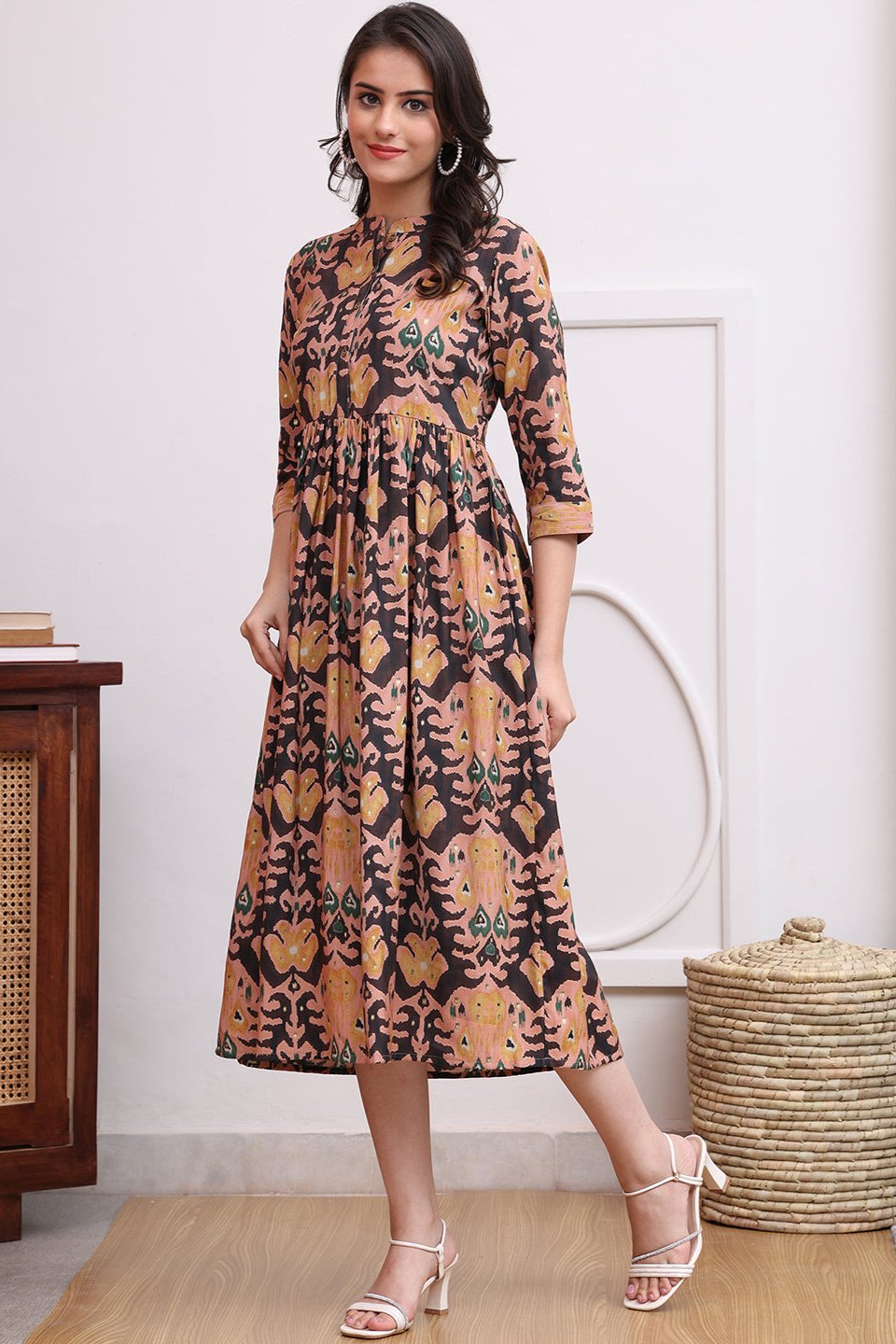 Peach Color Abstract Printed Premium Chanderi Ethnic Dress