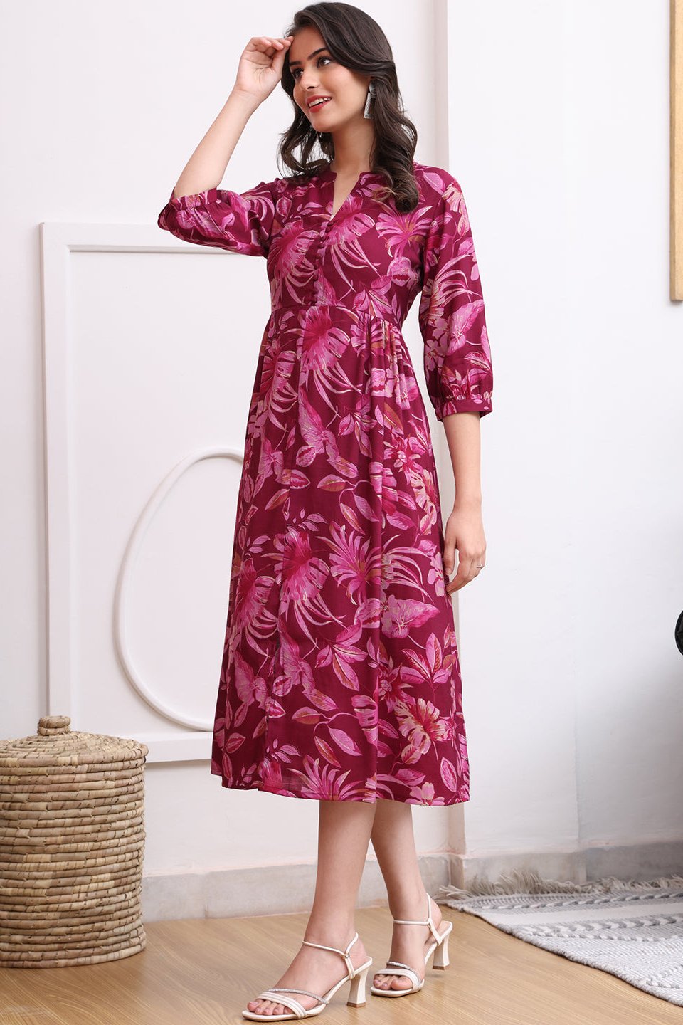 Purple Color Floral Printed Premium Chanderi Ethnic Dress