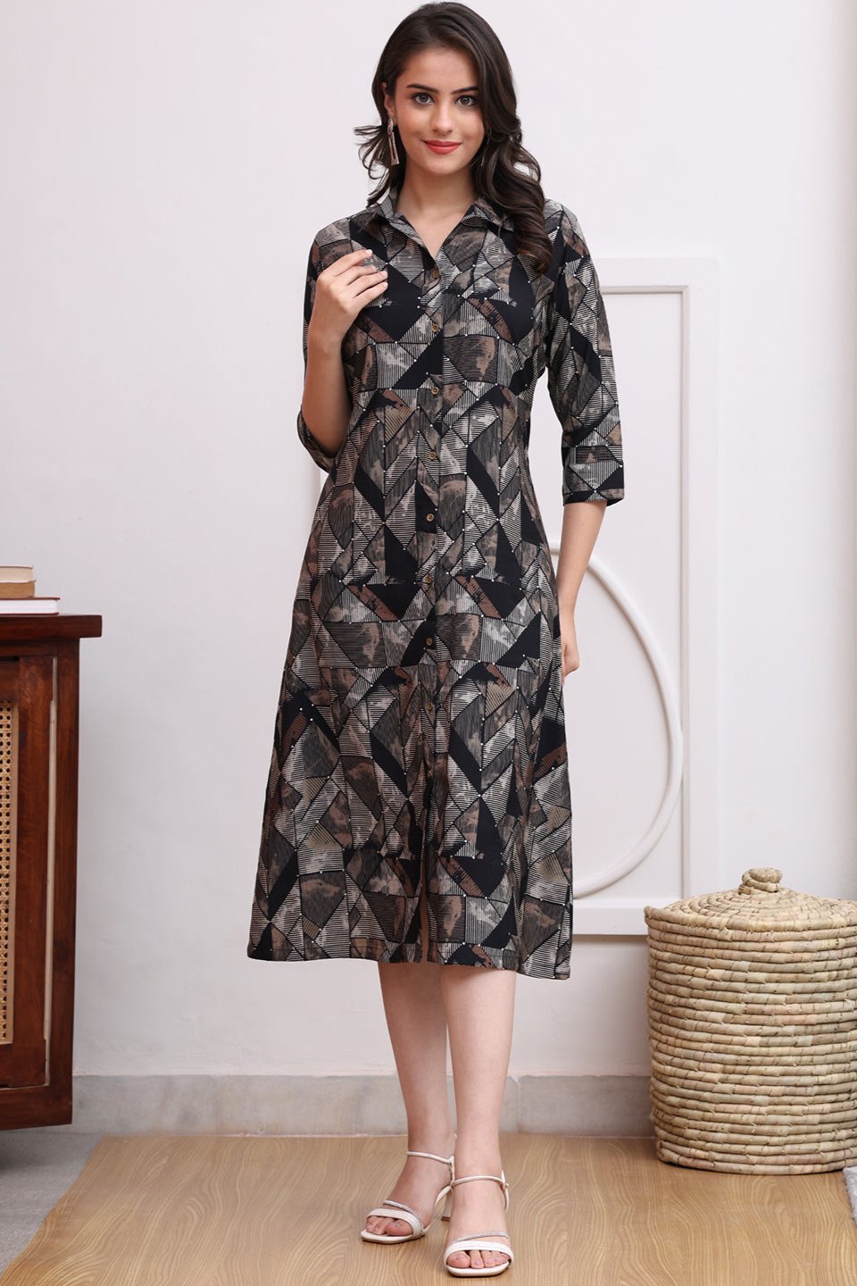 Black Color Abstract Printed Premium Chanderi Ethnic Dress