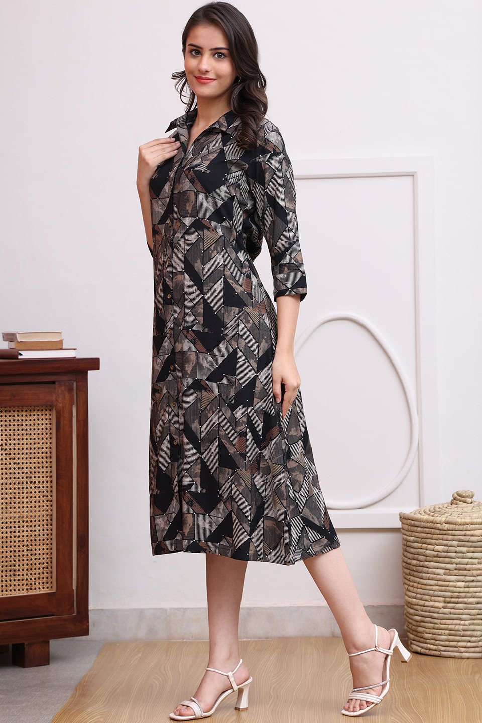 Black Color Abstract Printed Premium Chanderi Ethnic Dress