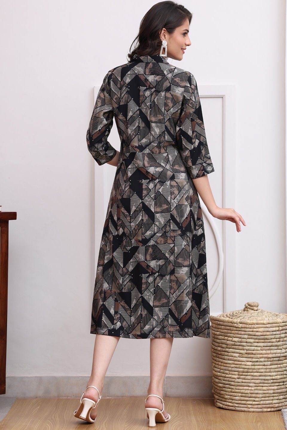 Black Color Abstract Printed Premium Chanderi Ethnic Dress