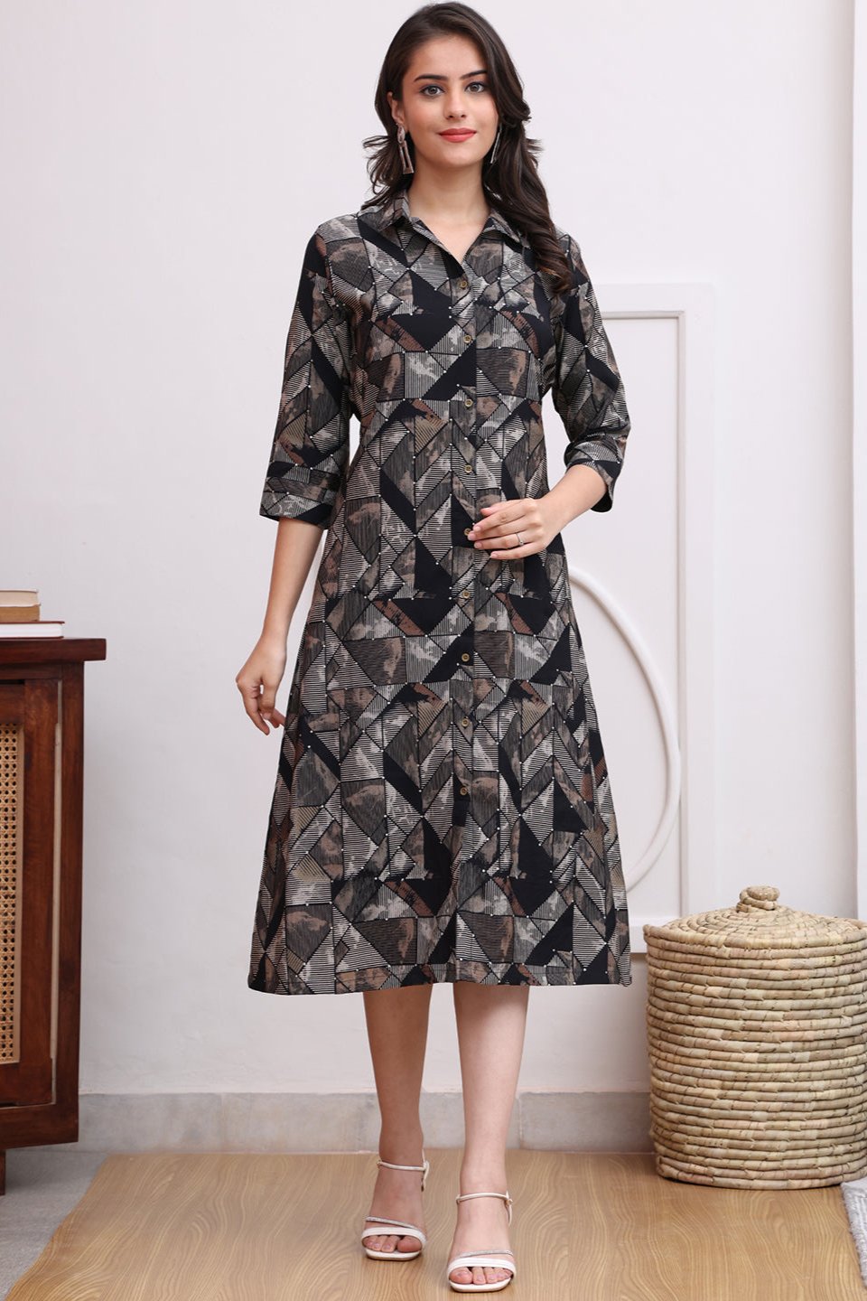 Black Color Abstract Printed Premium Chanderi Ethnic Dress