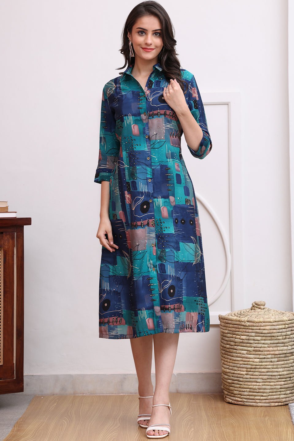 Blue Color Abstract Printed Chanderi Premium Ethnic Dress