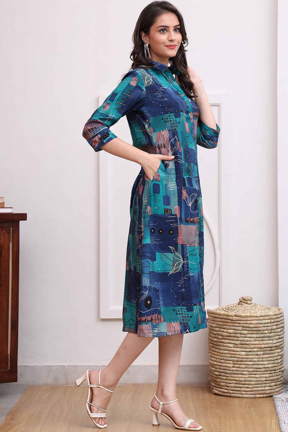 Blue Color Abstract Printed Chanderi Premium Ethnic Dress